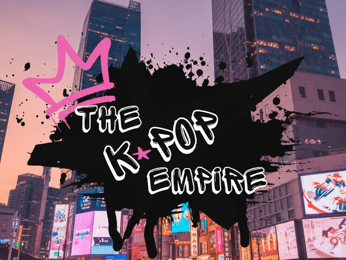 Texte "The K-Pop Empire" sur fond de ville illuminée.