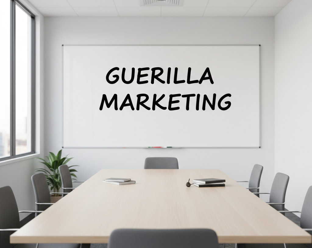 Une salle de réunion avec « GUERILLA MARKETING » écrit sur un tableau blanc