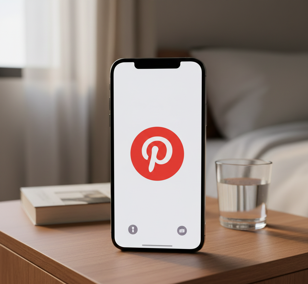 Smartphone affichant le logo Pinterest sur une table de chevet.
