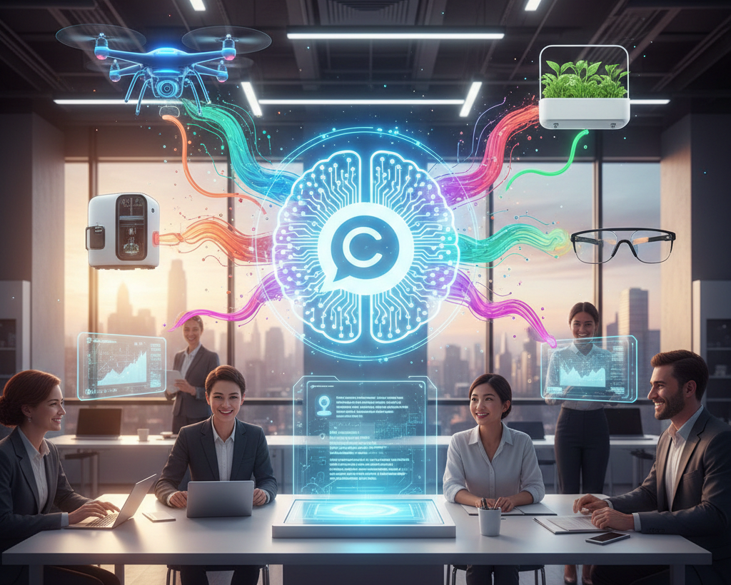 Une équipe de bureau utilisant une IA futuriste et connectée