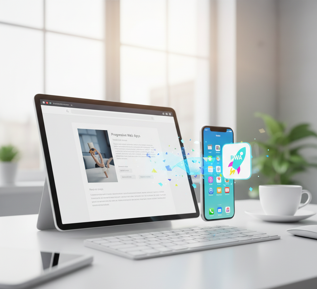 Tablette et smartphone illustrant une application web progressive (PWA)