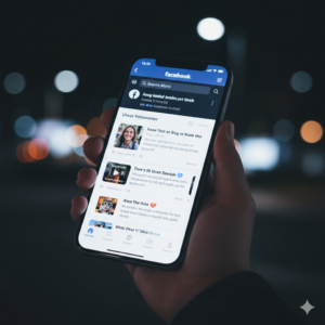 Main tenant un iPhone affichant le fil d'actualité Facebook