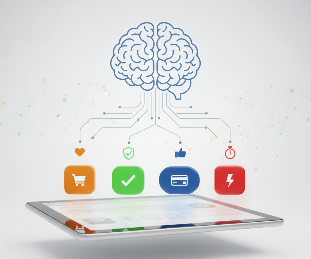 Cerveau connecté à des boutons d'achat sur une tablette