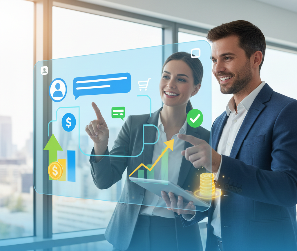 Homme et femme interagissant avec une interface de chatbot