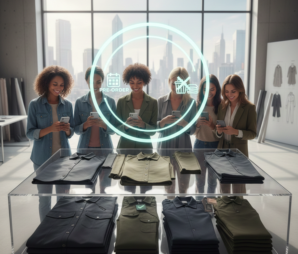 Femmes précommandant des vêtements via une interface numérique
