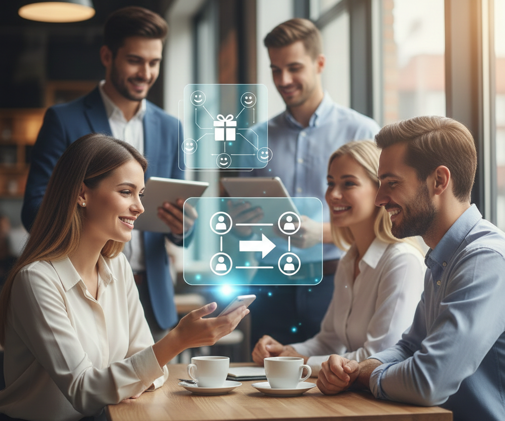 Collègues partageant des cadeaux numériques via une interface holographique.