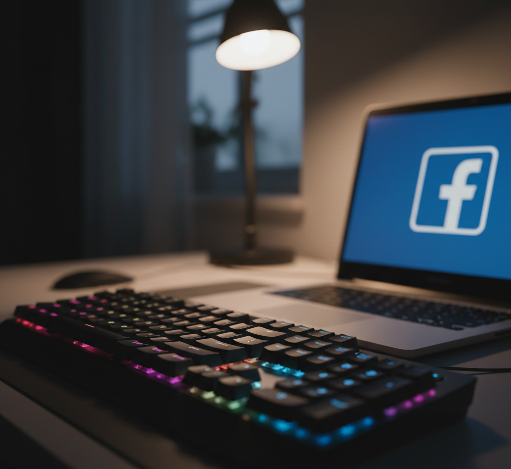 Clavier rétroéclairé devant un ordinateur affichant le logo Facebook