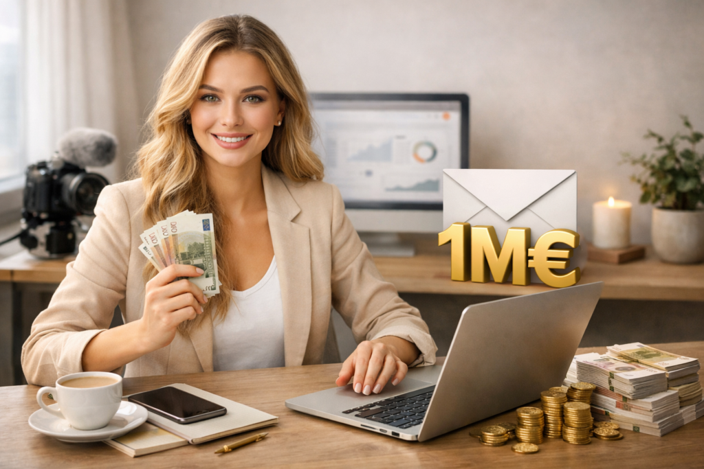 Femme souriante avec billets, ordinateur et symbole un million d'euros.