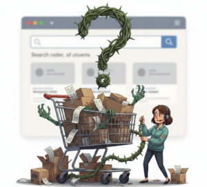 femme luttant contre un chariot épineux formant un point d'interrogation.