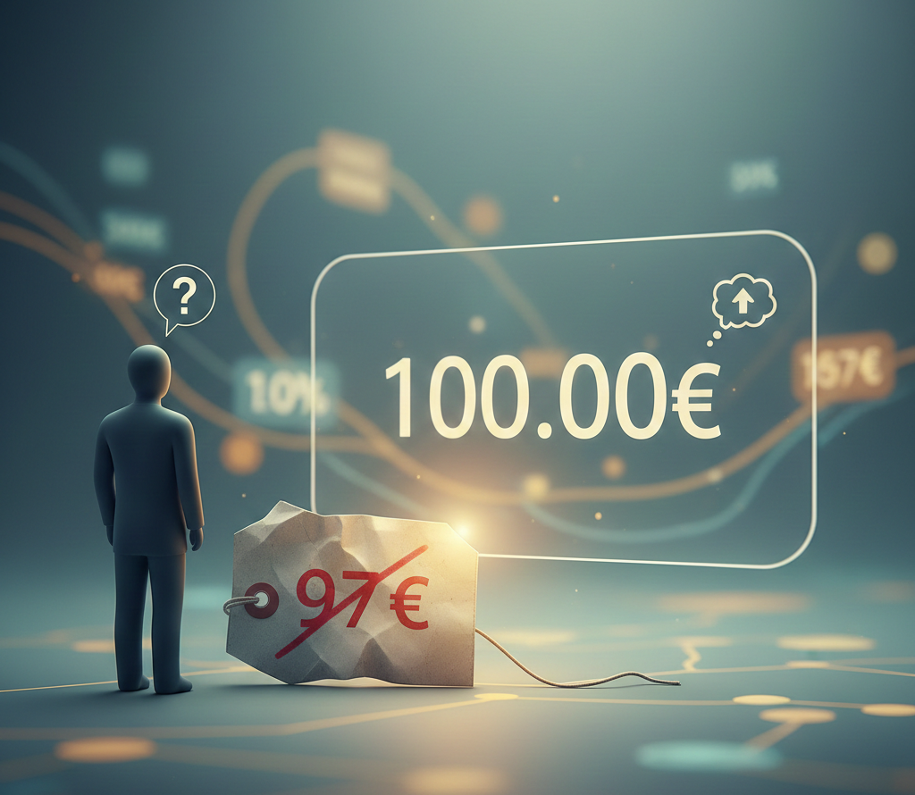 Une étiquette froissée affichant 97 € avec une croix rouge, symbolisant l'ancien prix.