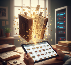 "Livre ancien jaillissant d'une tablette tenue par deux mains."