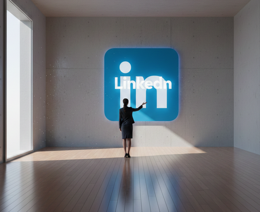 Femme d'affaires face à un logo LinkedIn géant et lumineux