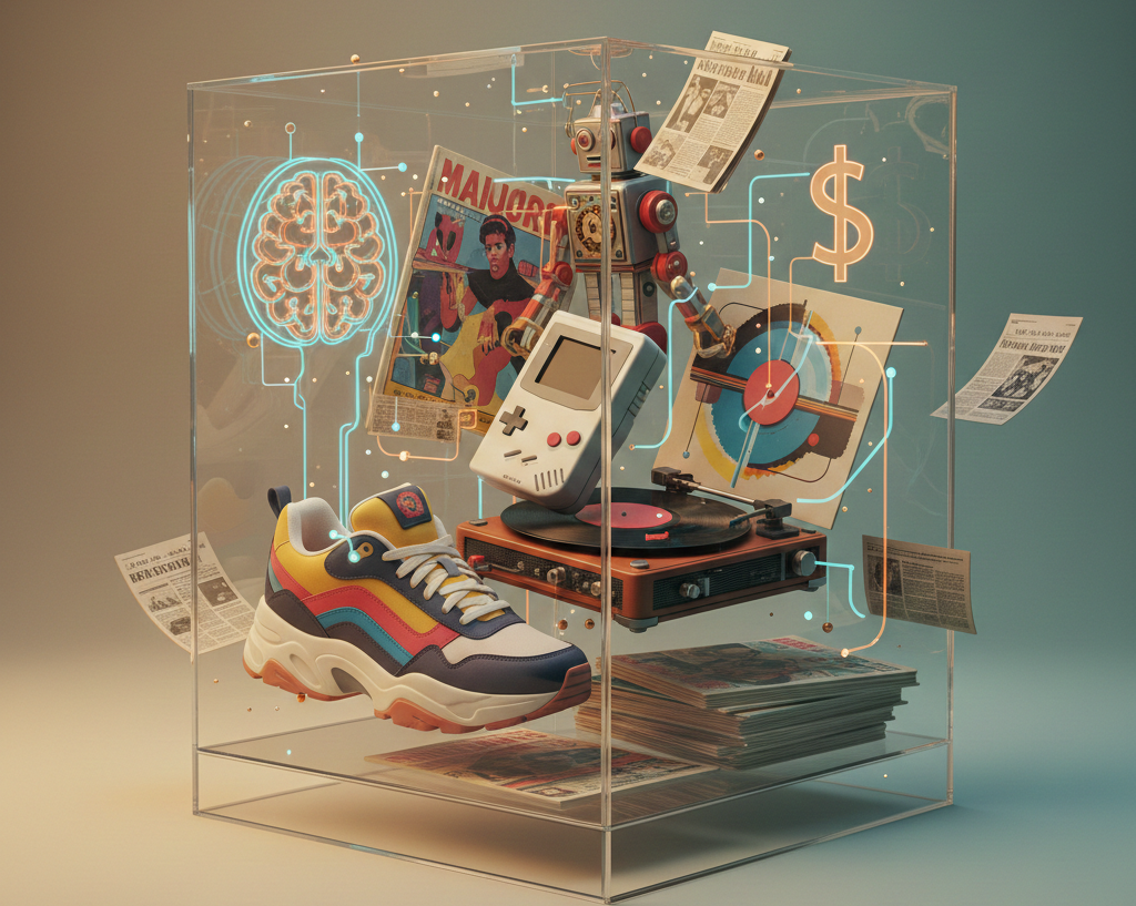 Objets rétro et symboles technologiques dans un cube transparent.