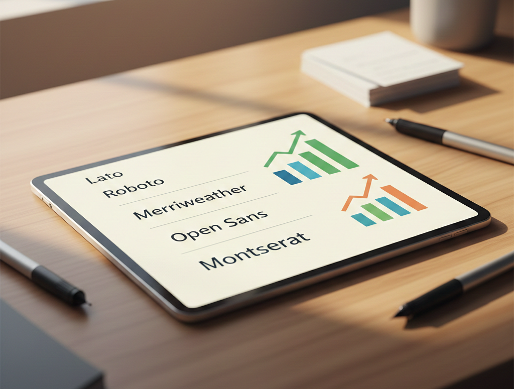 Tablette affichant une liste de polices de caractères et des graphiques colorés.