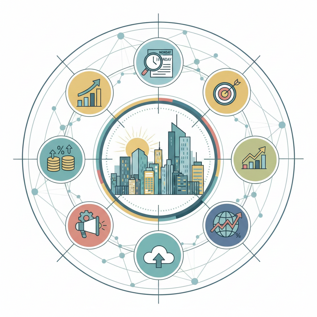 "Infographie circulaire illustrant le développement urbain et divers indicateurs."