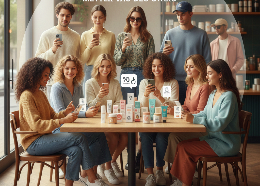 Micro-influenceurs français testant des produits cosmétiques autour d'une table.