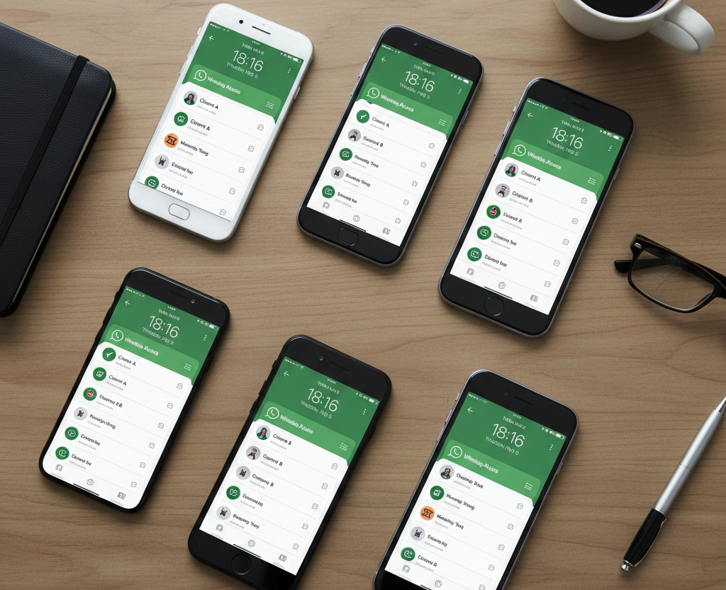 Plusieurs smartphones affichant WhatsApp sur un bureau en bois