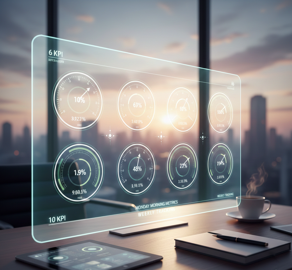 "Écran holographique affichant des indicateurs KPI dans un bureau."