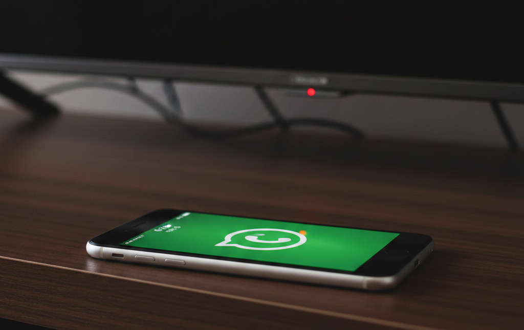 Smartphone affichant l'icône WhatsApp posé devant un téléviseur.