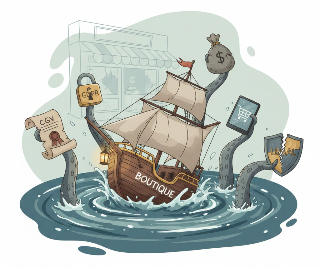 Un navire e-commerce affrontant les dangers de la conformité légale.