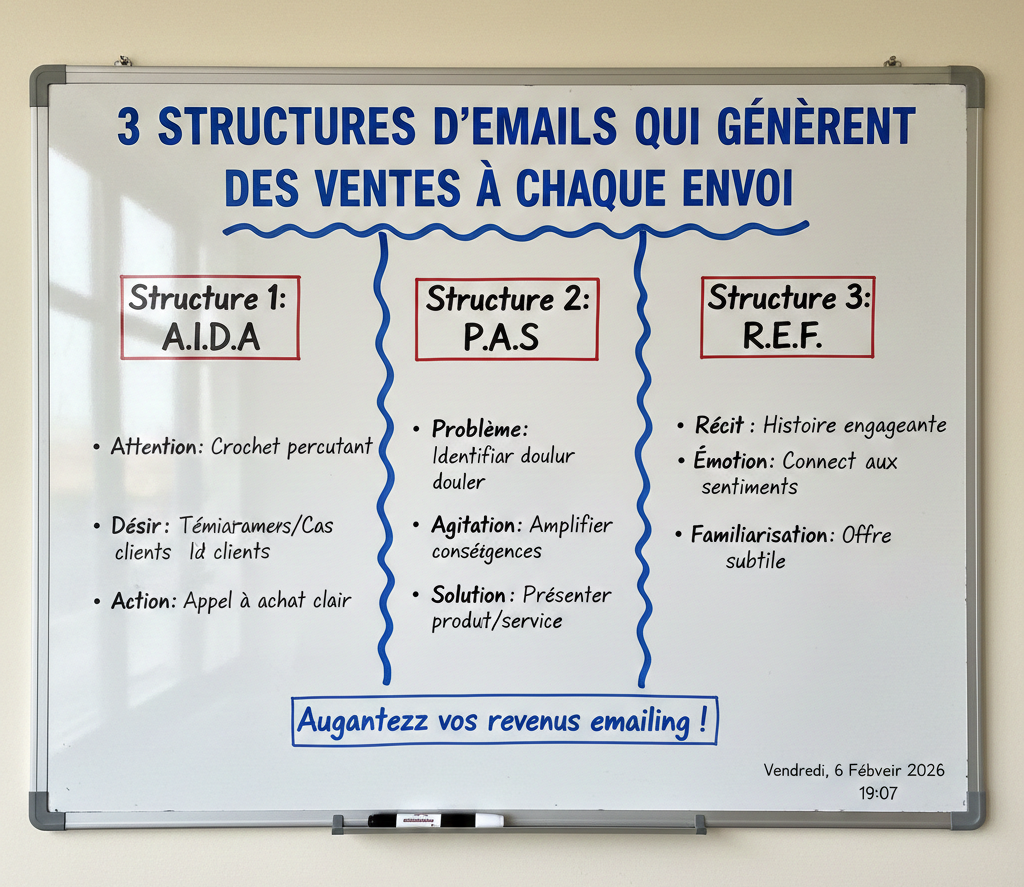 Tableau blanc présentant 3 structures d'emails de vente.