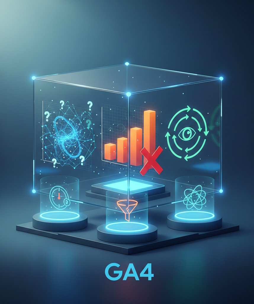 Cube holographique de données analytiques avec l'inscription GA4.