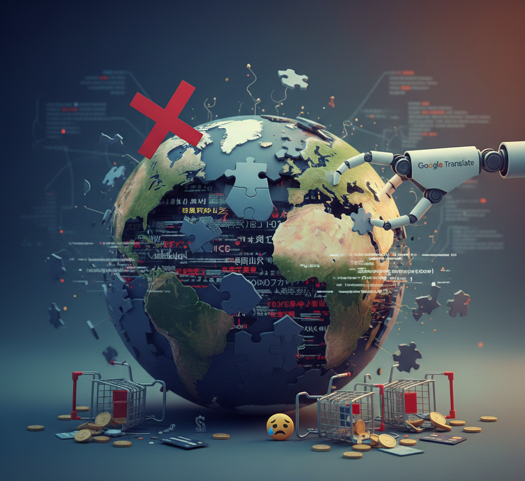 "Bras robotique Google Translate réparant un globe terrestre puzzle."