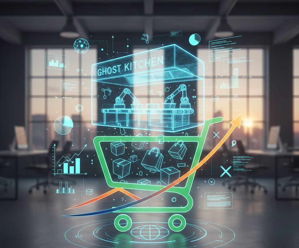 Illustration futuriste d'une "Ghost Kitchen" robotisée avec graphiques de croissance.