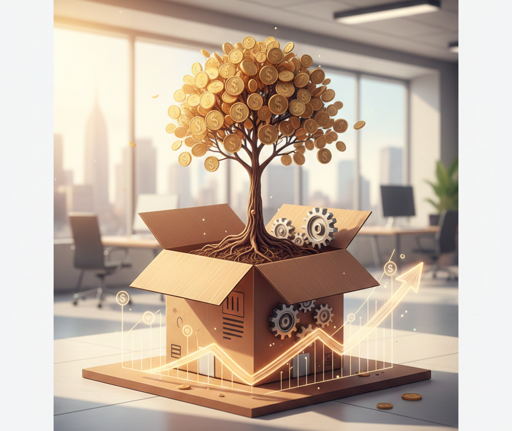 Arbre de pièces d'or poussant d'un colis e-commerce en pleine croissance.