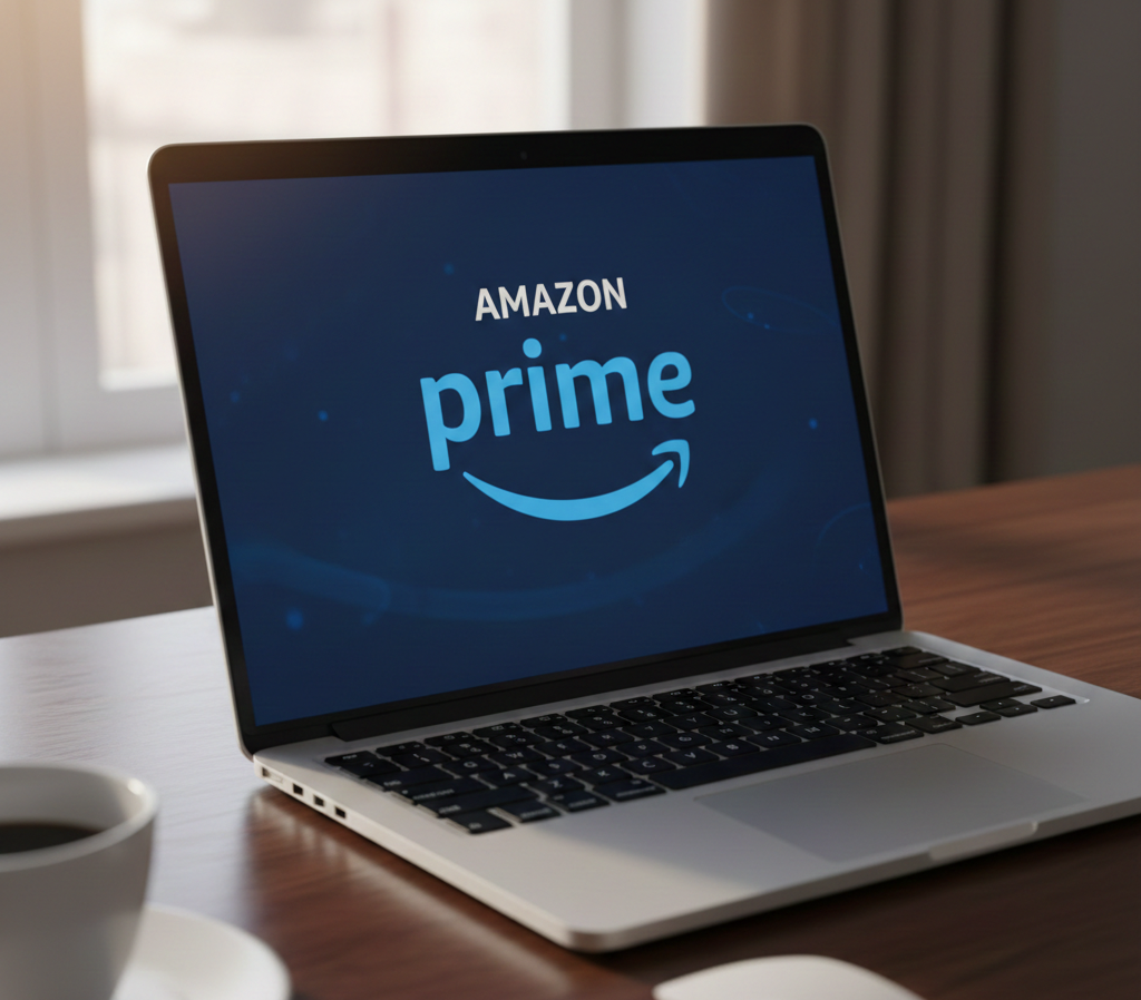 Ordinateur portable sur un bureau affichant le logo Amazon Prime.