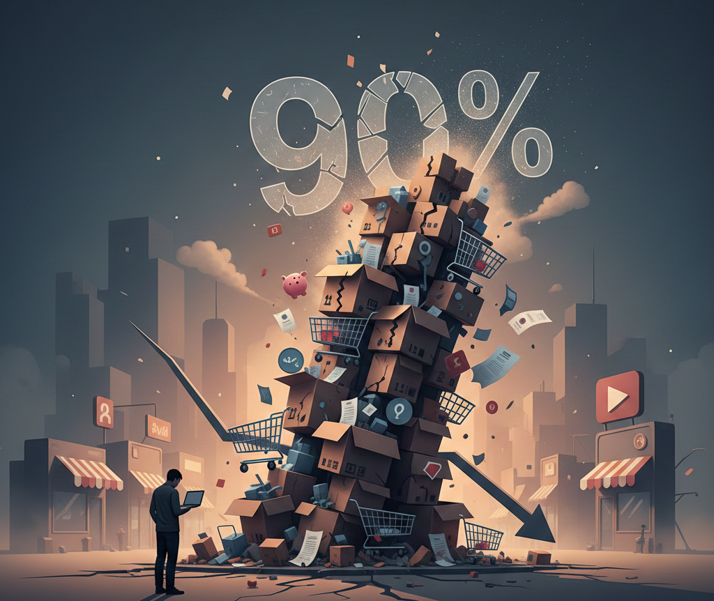 "Homme devant une pile de cartons instable sous 90%."