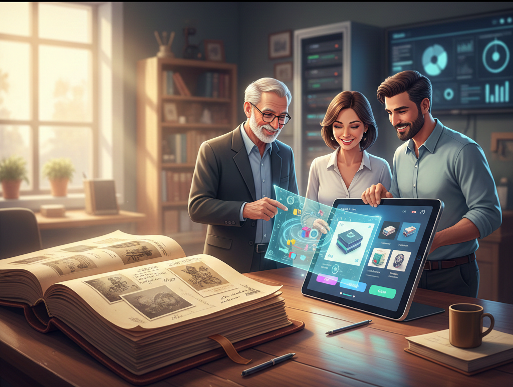 "Trois collègues analysant des données 3D sur une tablette."