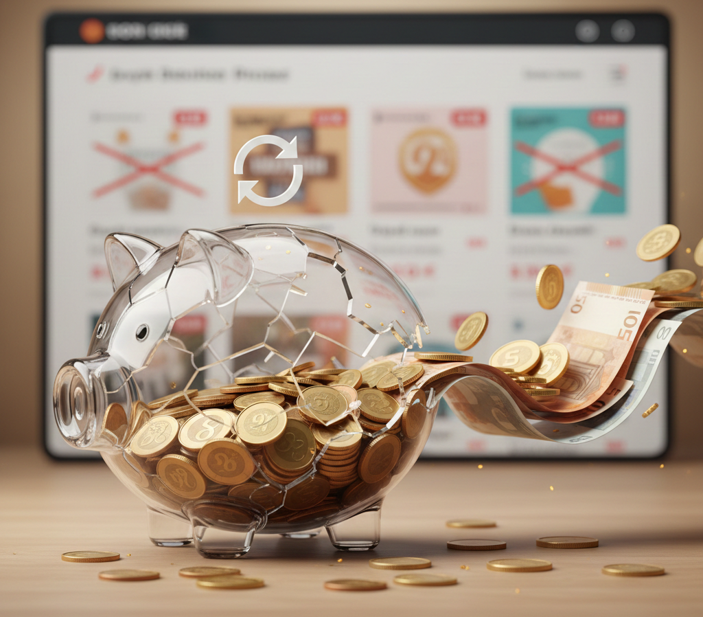 Cochon tirelire en verre brisé laissant échapper pièces et billets.