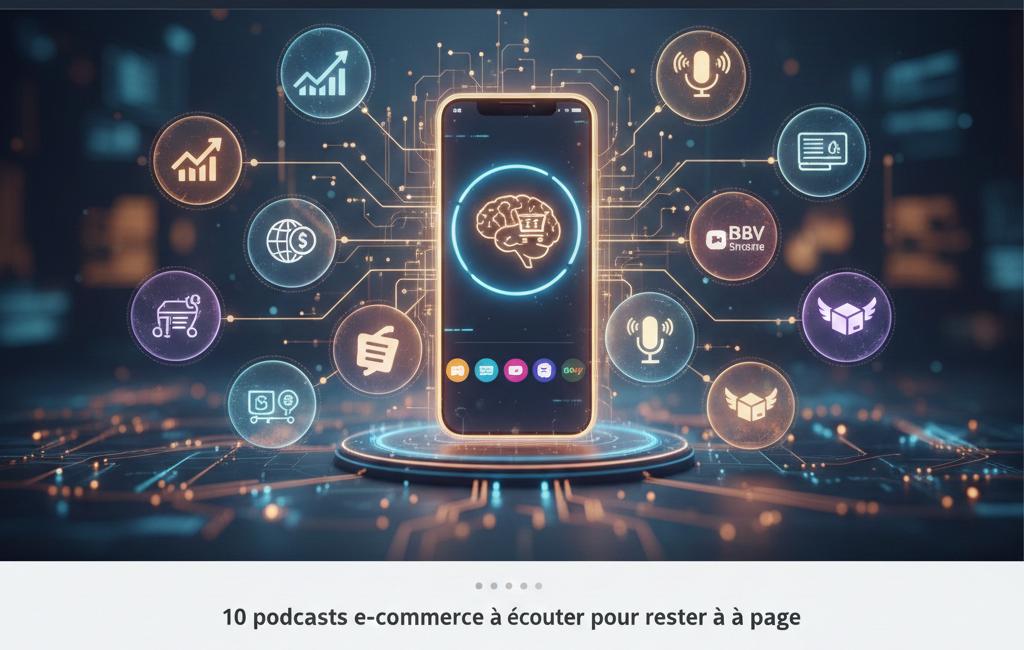 Smartphone entouré d'icônes e-commerce et podcasts sur interface futuriste