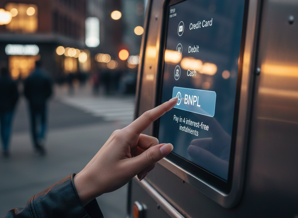 Une main sélectionne l'option « BNPL » (Buy Now Pay Later)