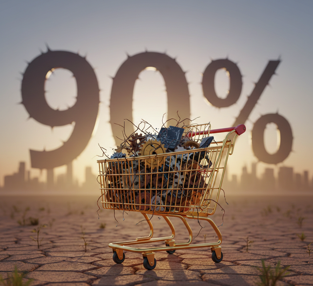 "Caddie rempli de débris devant un symbole 90% épineux."