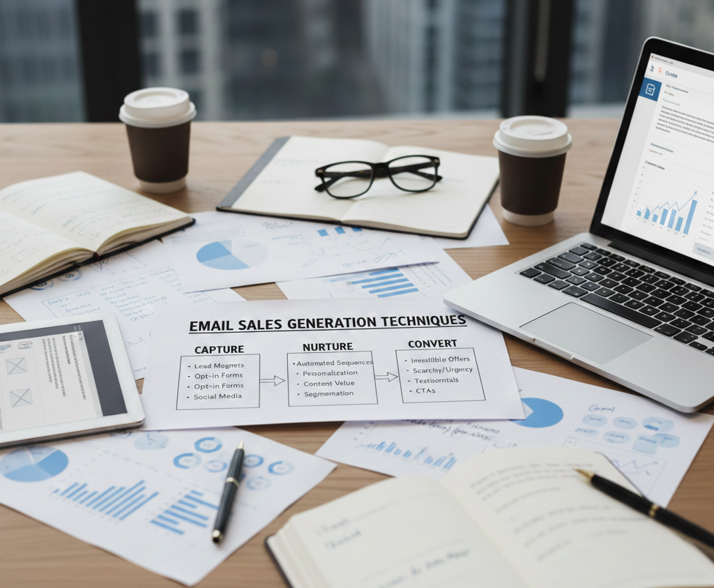 Bureau moderne avec documents sur la stratégie d'email marketing.