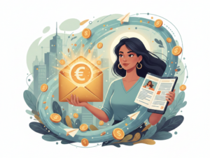 Femme tenant une enveloppe d'argent et une tablette numérique.