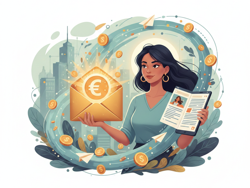 Femme tenant une enveloppe d'argent et une tablette numérique.