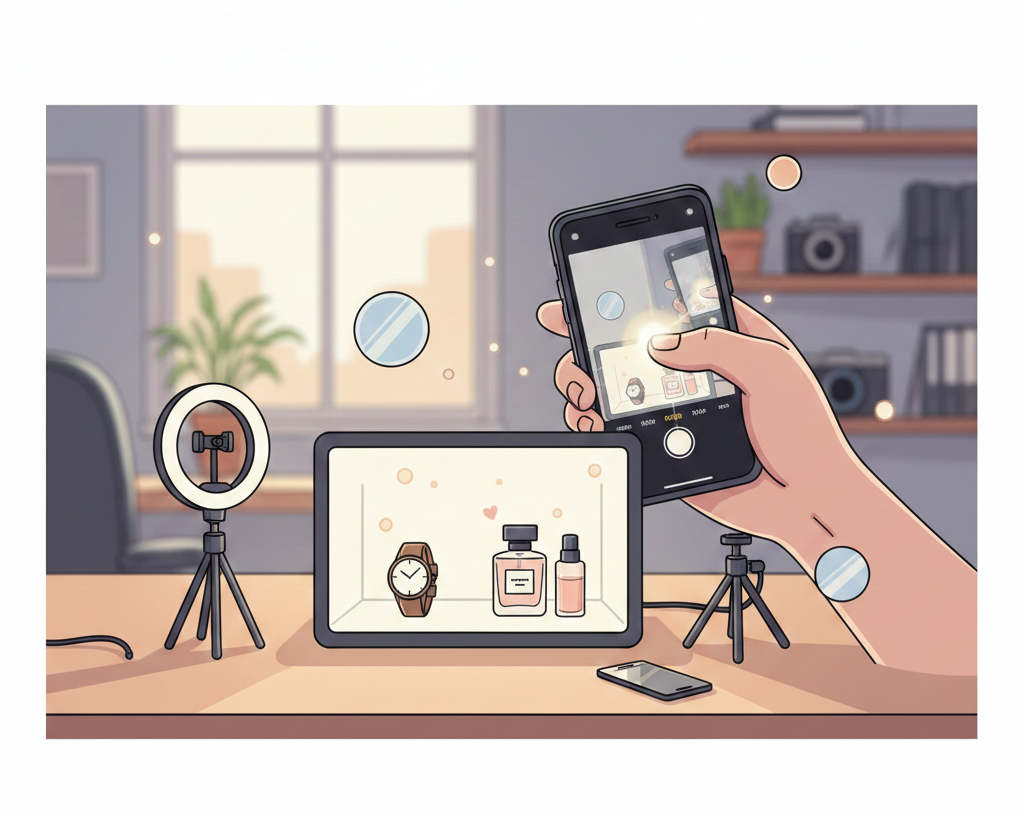 Main levée prenant en photo des produits de luxe exposés