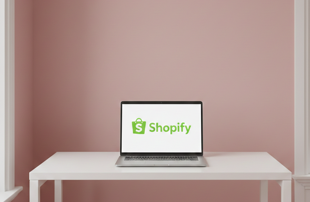 Ordinateur portable affichant le logo Shopify sur un bureau blanc.