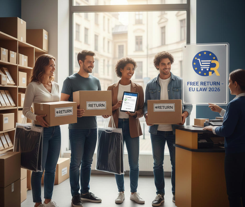 Gens retournant des colis selon la loi européenne 2026