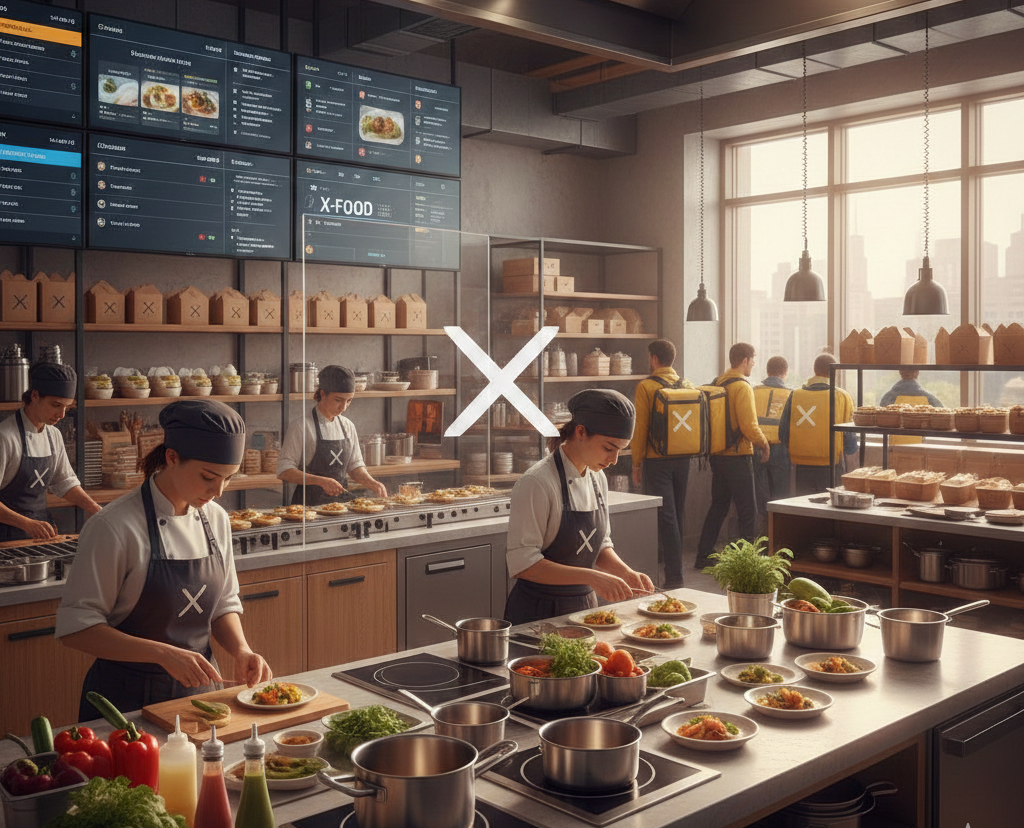 Une cuisine professionnelle moderne préparant des repas pour livraison.