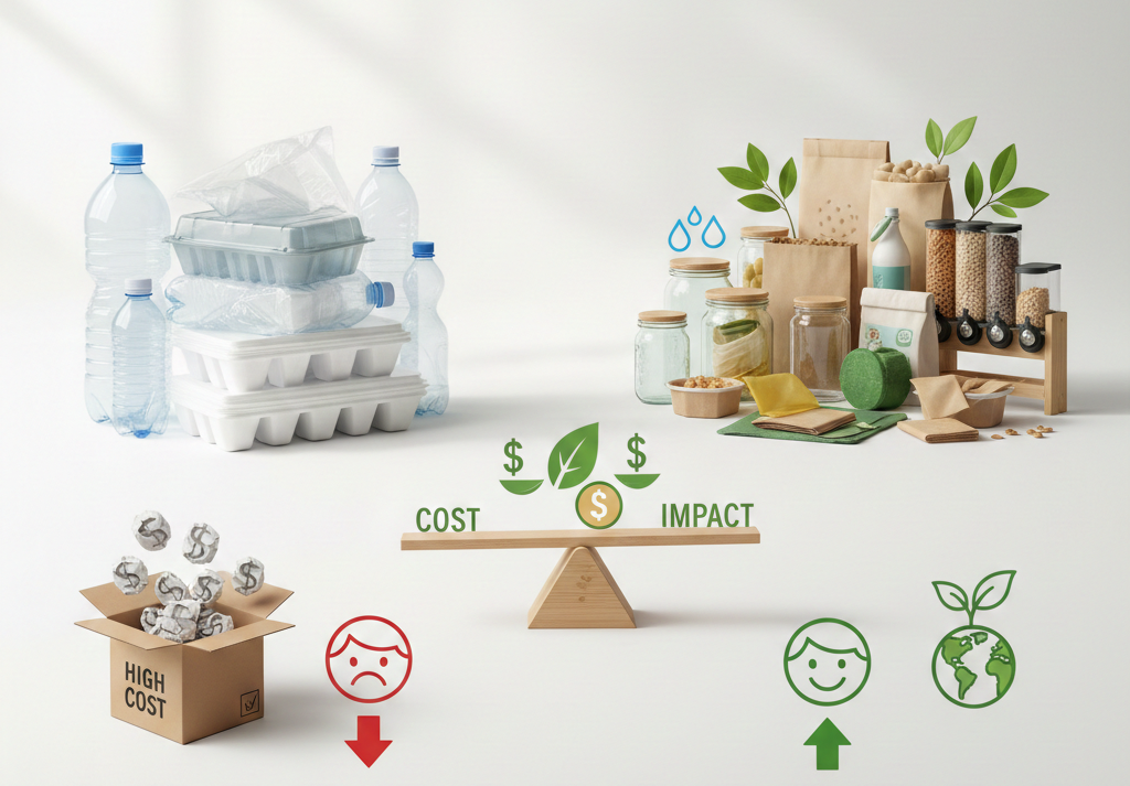 Comparaison entre emballage plastique coûteux et solutions durables positives.